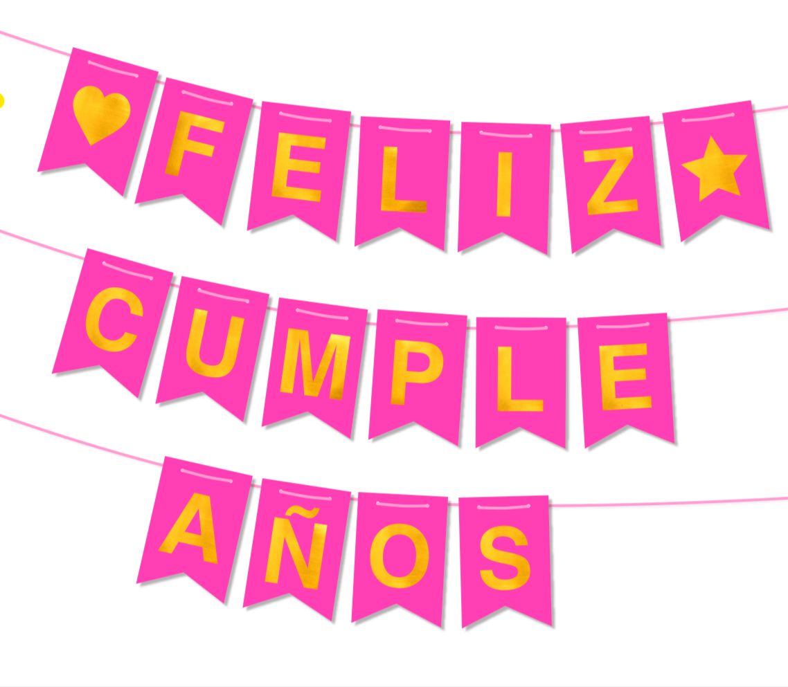 BANDERIN FELIZ CUMPLE FLUO NEON PLENO FUCSIA CON STAMPING ORO X 1